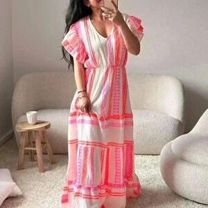 NEW Italian summer dress wedding guest holidaydress neon pink orange onesize (M)